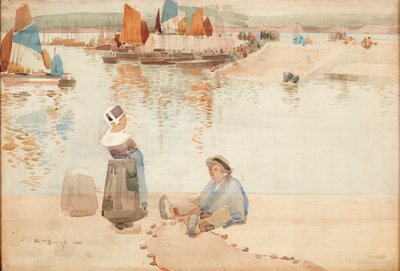 Figurer på havnemuren, Bretagne (akvarell) av Robert Brough