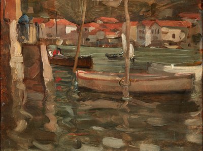 Robåter ved en havnekai, Concarneau (olje på panel) av Robert Brough