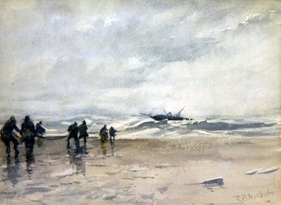 Fiskere trekker inn en nødlidende fiskebåt (akvarell på papir) av Robert Buchan Nisbet
