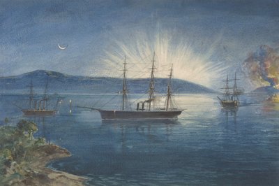 The Bay of Bull Arms, Trinity Bay, Newfoundland, bål tent på åsene for å varsle..., 1865-66 av Robert Charles Dudley