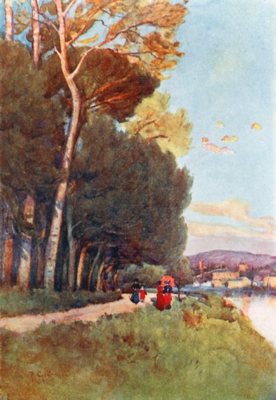 En favoritttur langs elven i Cascine (fargelitografi) av Robert Charles Goff