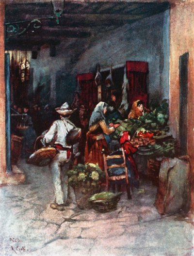 Frukt- og grønnsaksboder, Pisa (fargelitografi) av Robert Charles Goff