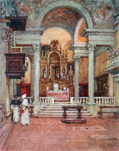 Interiør i dominikanernes klosterkirke i San Domenico di Fiesole (fargelitografi) av Robert Charles Goff