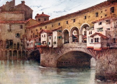 Studie som viser østsiden av Ponte Vecchio og de gamle husene i Via de#39; Bardi (fargelitografi) av Robert Charles Goff