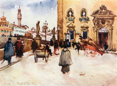 Frescobaldi-palasset, med Ponte Santa Trinita, og tårnet til Palazzo Vecchio (farge litho) av Robert Charles Goff