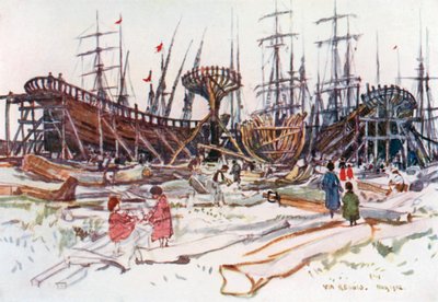Skipsverftet, Viareggio (fargelitografi) av Robert Charles Goff