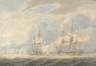 Den nederlandske viseadmiralen under admiral De Winter slo flagget sitt til den engelske viseadmiralen Onslow under admiral Duncan i slaget ved Camperdown, 11. oktober 1797 av Robert Cleveley