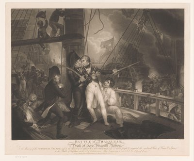 Slaget ved Trafalgar med Horatio Nelsons død Slaget ved Trafalgar og Lord Viscount Nelsons død (tittel på objekt) av Robert Cooper