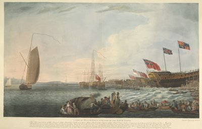 A View of Blackwall, med en del av Dockyard, ved lanseringen av Bombay Castle, 74 kanoner, bygget på bekostning av Hon. East India Company og presentert av dem til Hans Majestet i juni 1782 av Robert Dodd