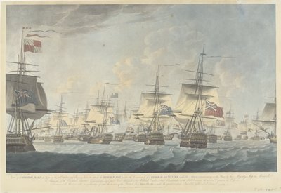 Slaget ved Kamperduin (1797): angrep fra den britiske flåten Utsikt over den britiske flåten ved middagstid den 11. oktober 1797, Bearing down for å angripe den nederlandske flåten (...) (tittel på objekt) av Robert Dodd