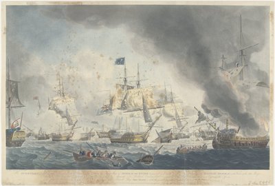 Slaget ved Kamperduin (1797): nederlag for den bataviske flåten Den nederlandske flåten ble beseiret på ettermiddagen den 11. oktober 1797, og viste flaggskipet til admiral De Winter dismasted (...) (tittel på objekt) av Robert Dodd