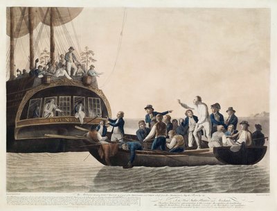 Mytteristene som ble løytnant Bligh og en del av offiserene og Crew Adrift, 29. april 1789, pub. 1790 av Robert Dodd