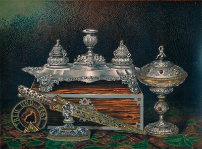 Blekkstativ, papirvekt, jaktkniv eller dolk, dekket Tazza, papirvekt, 1863 av Robert Dudley
