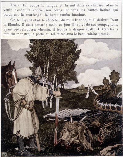 Tristan nær den døde dragen - i "" Le Roman de Tristan et Iseult"" av Bédier ill. av Robert Engels, red. of Art, Paris av Robert Engels