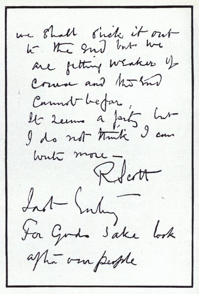 Siste side i dagboken til polfareren Robert Falcon Scott, leder av den skjebnesvangre britiske ekspedisjonen til Sydpolen, 29. mars 1912 (litho) av Robert Falcon Scott