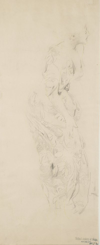 Skisse av kvinne i kjole med blomstertrykk, muligens for Moods to Music-veggmaleri, 1893-98 (grafitt og gul blyant på gulfarget papir) av Robert Frederick Blum