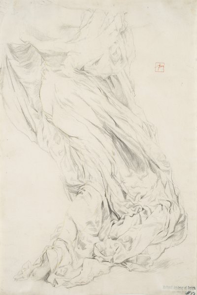 Studie av draperi for Moods to Music veggmaleri, 1893-95 (grafitt med gul blyant på kremfarget papir) av Robert Frederick Blum