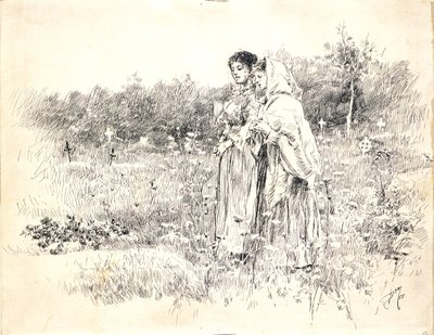 To jenter som står foran en grav av Robert Frederick Blum
