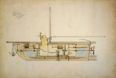 Originaltegning av Nautilus, den første undervannsbåten (ubåt), presentert av oppfinneren Robert Fulton (1765-1815) til det amerikanske senatet i 1806. av Robert Fulton