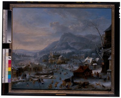Vinter: Et frossent vinterlandskap med bønder av Robert Griffier