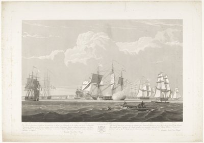Avgang av tolv nederlandske handelsskip fra Portsmouth havn, 1833 (Plate 3) Dette settet med tre plater som viser avgangen fra Portsmouth havn den 2. juni 1833 av 12 Nederlandsche Koopvaardy-skip fra Embargo losset av Robert Havell (II)