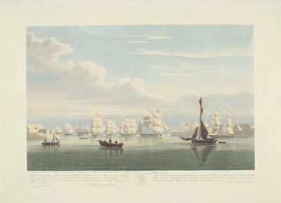 Avgang av tolv nederlandske handelsskip fra Portsmouth Harbour, 1833 (Plate 1) Dette settet med tre plater som viser avgangen fra Portsmouth havn den 2. juni 1833 av 12 Nederlandsche Koopvaardy-skip fra Embargo losset av Robert Havell (II)