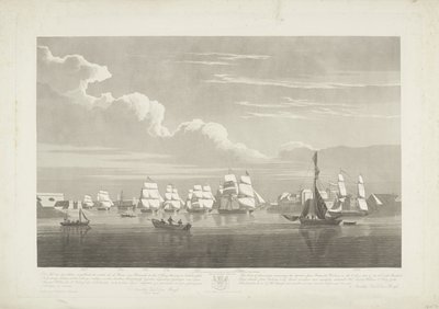 Avgang av tolv nederlandske handelsskip fra Portsmouth Harbour, 1833 (Plate 1) Dette settet med tre plater som viser avgangen fra Portsmouth havn den 2. juni 1833 av 12 Nederlandsche Koopvaardy-skip fra Embargo losset av Robert Havell (II)