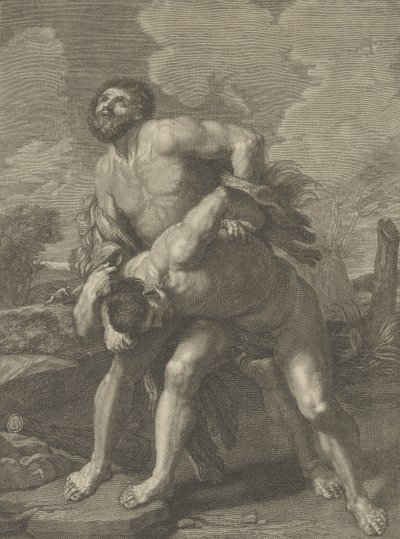 Hercules iført løveskinn og kjemper mot Achelous, et landskap i bakgrunnen, ..., ca. 1713-72. av Robert Hecquet