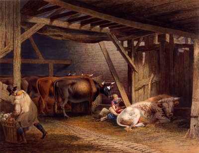 Fjøs (håndfarget akvatint) av Robert Hills