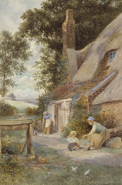 Figurer ved en hytte (akvarell på papir) av Robert Hollands Walker