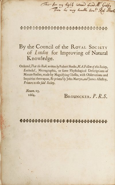 Signert side fra "Micrographia: or Some Physiological Descriptions of Minute Bodies Made by Magnifying Glasses", 1665 av Robert Hooke