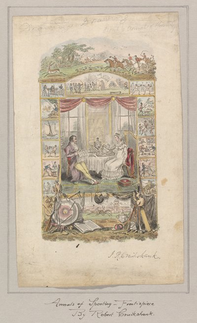 Design for frontstykket til Annals of Sporting and Fancy Gazette, bind 1 av Robert Isaac Cruikshank