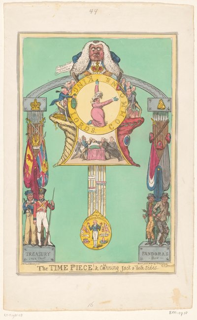 Klokke med dronningen på skiven, 1820 Tidsstykket! & utspekulert Jack på begge sider av Robert Isaac Cruikshank