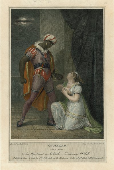Illustrasjon for Shakespeares Othello, Act 4 Scene 2 (farget gravering) av Robert Kerr (after) Porter