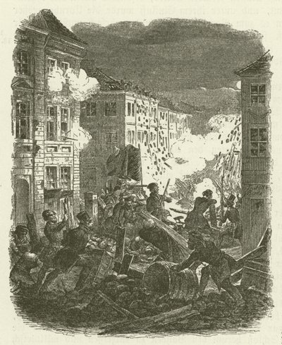 Slagsmål ved en barrikade utenfor Kolln rådhus i Berlin natten 18. til 19. mars 1848 av Robert Kretschmer