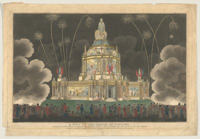 En utsikt over Temple of Concord reist i Green Park, for å feire G..., 9. september 1814. av Robert Laurie