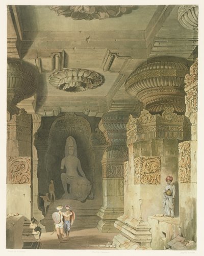 Interiør av Indra Subbas huletempel i Ellora, fra bind II av Scenery, Costumes and Architecture of India, tegnet av David Roberts (1796-1864) etset av Thomas Kearnan (fl.1821-50) og gravert av Robert Melville Grindlay