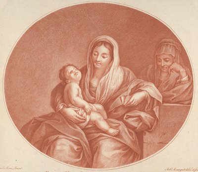 Jomfruen satt med spedbarnet Kristus sovende i fanget hennes, Saint Elizabeth til høyre, en..., 1776. av Robert Menageot