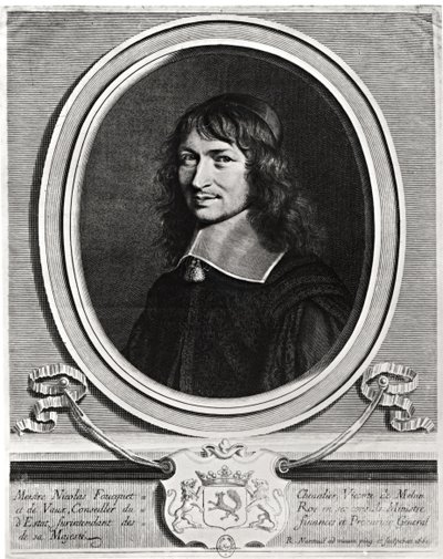 Portrett av Nicolas Fouquet (1615-80) 1662 (gravering) (s/hvitt foto) av Robert Nanteuil
