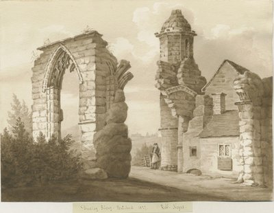 Dudley Priory: sepia vasketegning, 1827 av Robert Noyes