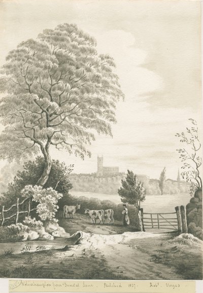 Wolverhampton - Fjernsyn fra Dunstall Lane: sepia vasketegning, 1837 av Robert Noyes