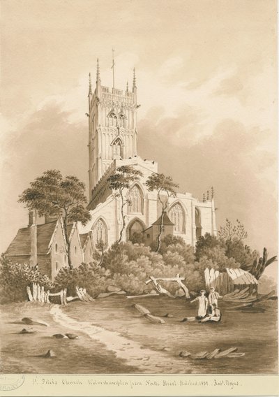 Wolverhampton - St. Peters kirke: sepia-tegning, 1838 av Robert Noyes