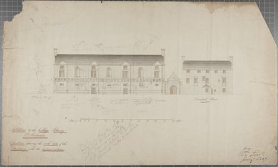 Arkitektonisk tegning av Universitetsbiblioteket, 1827 (blyant og wc på papir) av Robert Payton Reid