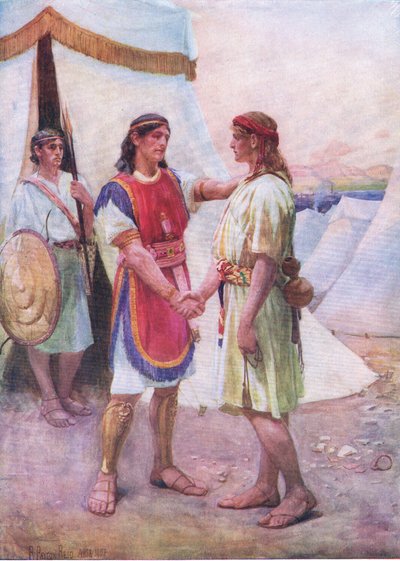 David og Jonathan, fra The Bible Picture Book utgitt av Thomas Nelson, ca. 1950 (litho) av Robert Payton Reid