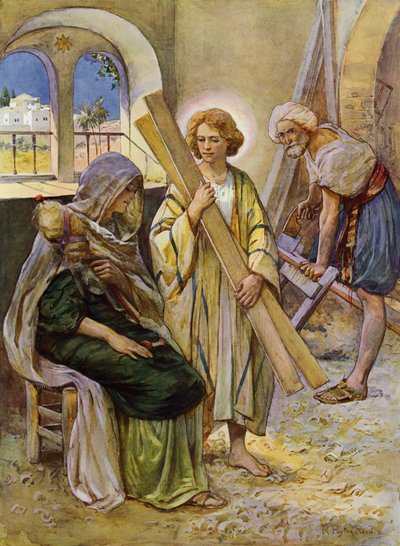 Gutten Jesus i snekkerbutikken (farge litho) av Robert Payton Reid