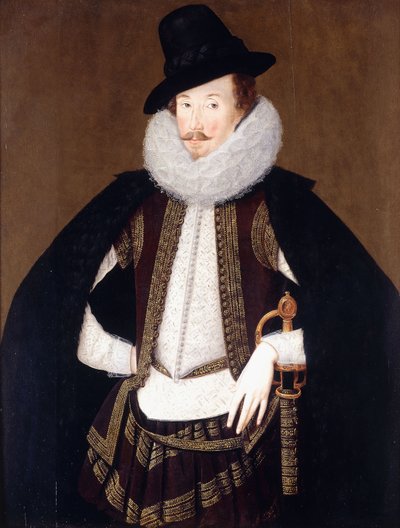 Portrett av Sir Charles Cornwallis, i en pelstrimmet svart kappe, hvit dublett og brun, gullbrodert vest, av Robert Peake