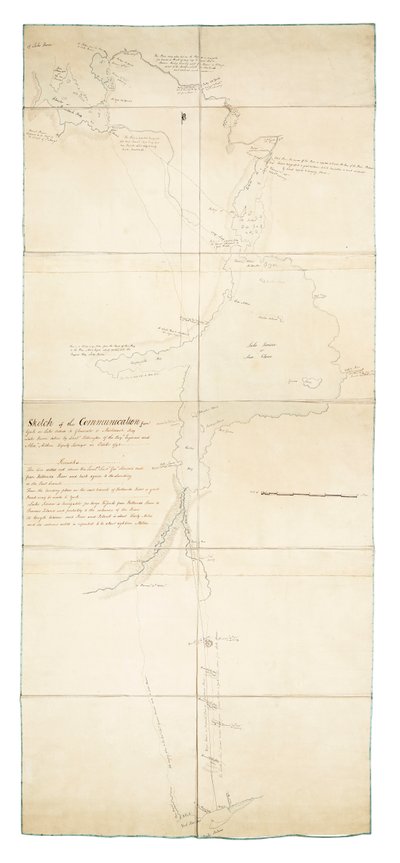 Skisse av kommunikasjon fra York ved Ontariosjøen til Glouscester [sic] eller Machidash Bay, Huronsjøen, tatt av løytnant Pilkington fra de kongelige ingeniørene og assisterende landmåler Alex Aitken i oktober 1793. av Robert Pilkington