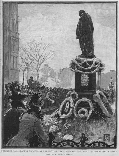 Nedlegging av kranser ved foten av statuen av den engelske statsmannen Benjamin Disraeli på Primrose Day, årsdagen for hans død, Westminster, London av Robert Ponsonby (after) Staples