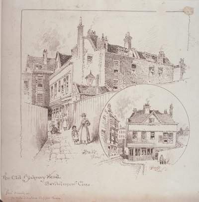 Baksiden av Old Blakeney Head Inn, Bartholomew Close, London, ca. 1900 av Robert Randoll