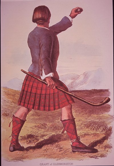 Clansman of Grant of Glenmoriston spiller shinty (farge litho) av Robert Ronald (after) McIan